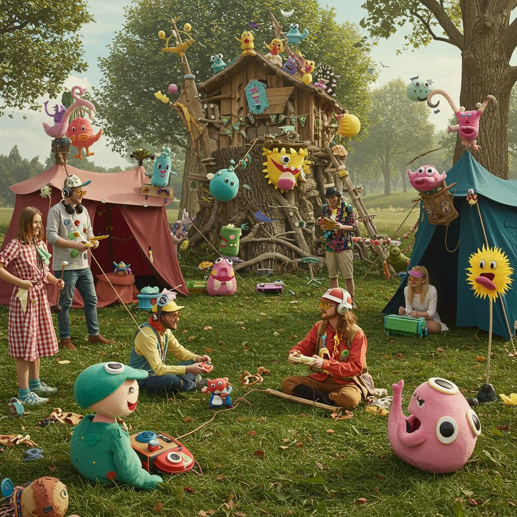 동화적인 숲속 풍경 속에서 참가자들이 어울려 즐기는 모습이 슬롯생강 커뮤니티 플랫폼의 경험 공유 방식을 보여주는 장면