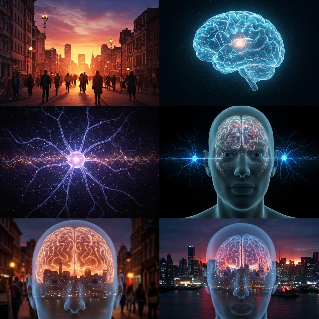 도시와 의식, 신경과학을 주제로 한 6개의 이미지 콜라주 - 일몰 도시 거리의 사람들, 청록색으로 빛나는 뇌 이미지, 보라색 뉴런 네트워크, 투명한 인체 머리 안의 뇌와 신경 연결, 도시 스카이라인을 배경으로 투명한 머리 속 뇌가 빛나는 이중 노출 효과