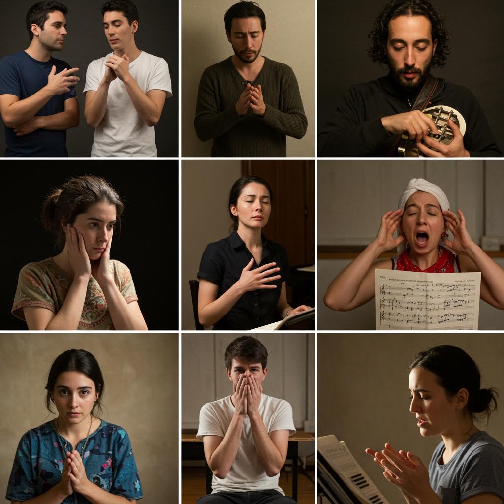 다양한 사람들이 기도, 명상, 성찰의 순간을 보여주는 9개의 초상 사진 콜라주 - 손을 모으고 기도하는 모습, 눈을 감고 명상하는 모습, 악보를 보며 노래 연습하는 모습 등 영적이고 내면적인 순간들을 담은 이미지