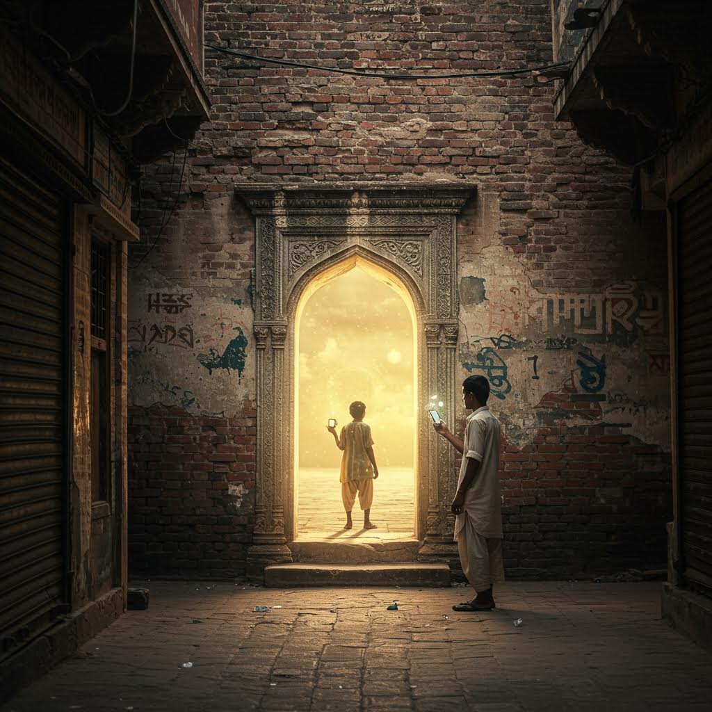 오래된 골목 끝 빛으로 열린 문을 향해 걸어가는 아이의 모습 속에 온카스터디의 탐구정신이 깃든 순간