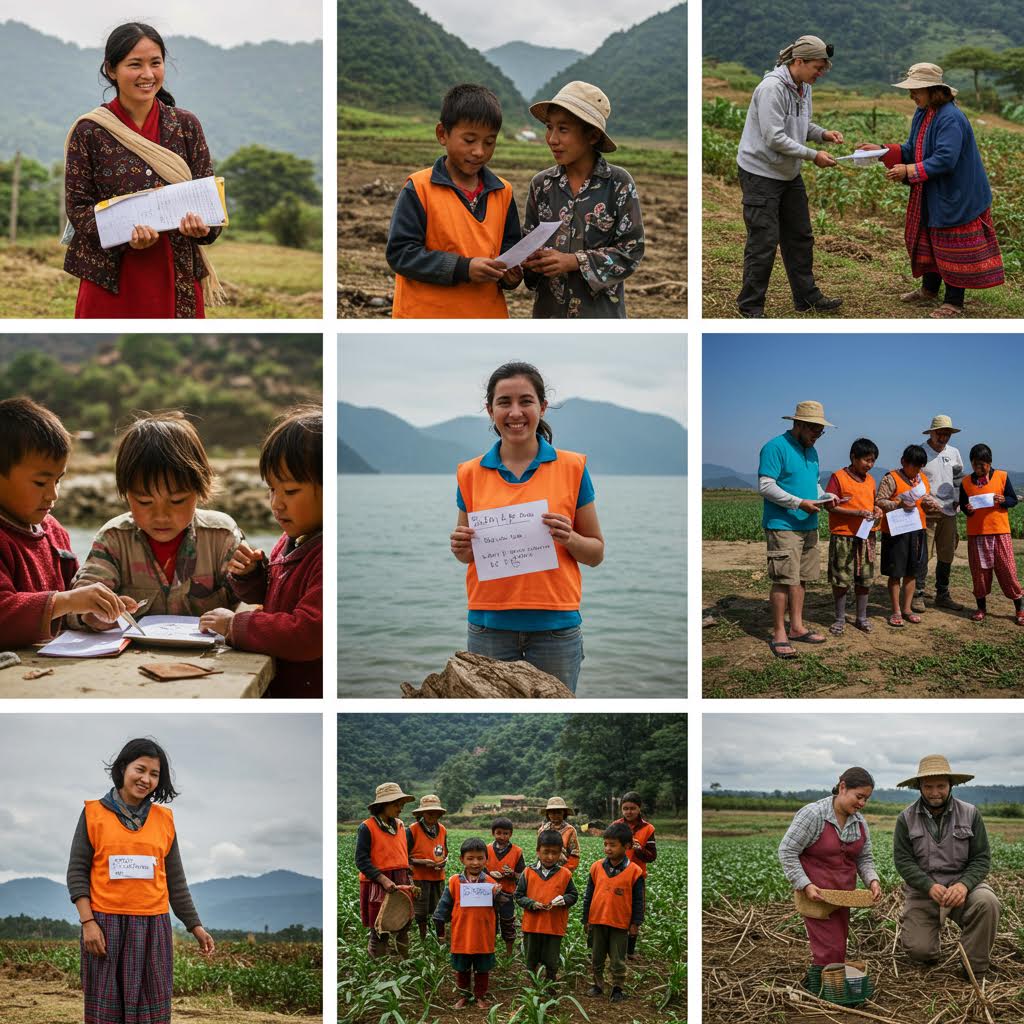 밭과 호숫가를 배경으로 마을 사람들과 봉사자들이 협력과 배움을 나누는 평화로운 인상