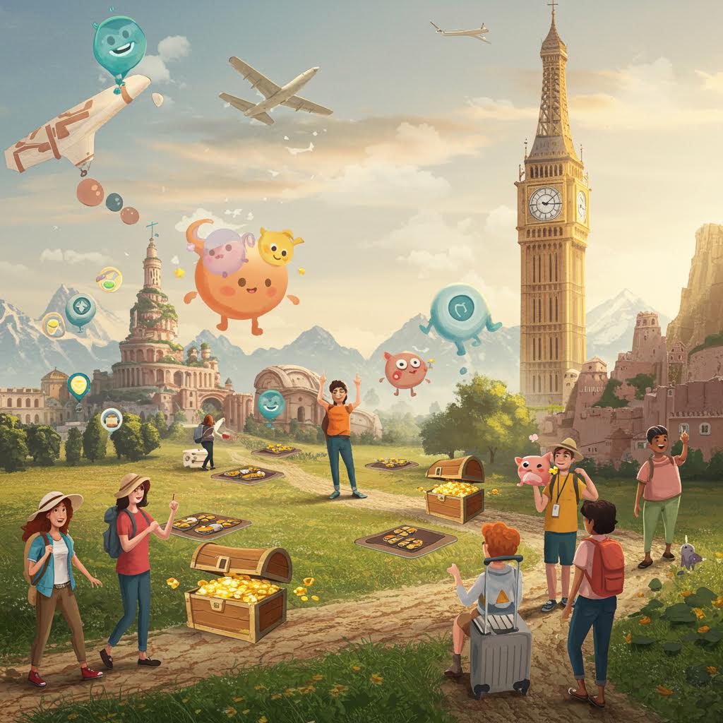 해가 기울어가는 들판 위로 여행자들과 캐릭터 풍선들이 어우러져 모험의 설렘이 퍼지는 장면