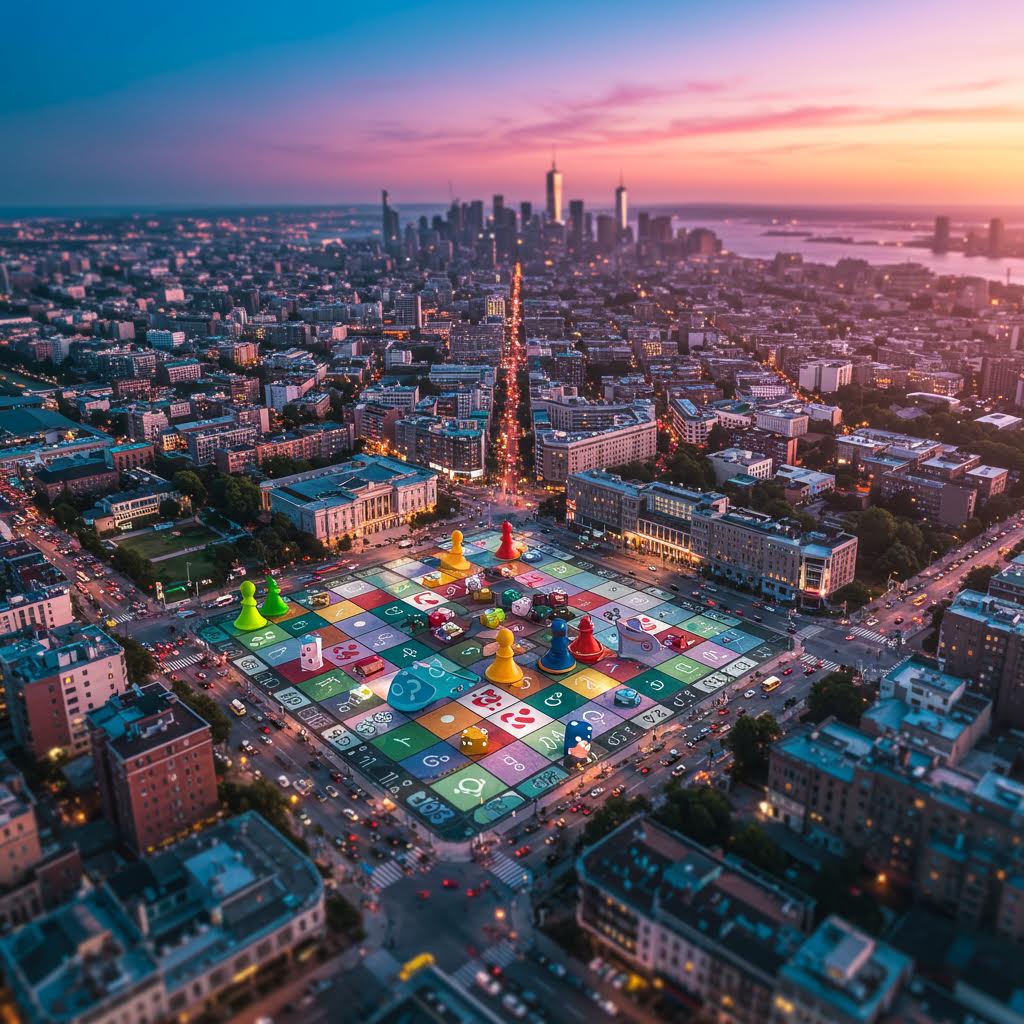 도시 한가운데 거대한 보드가 펼쳐지고 온카스터디의 전략적 사고가 움직이는 흐름