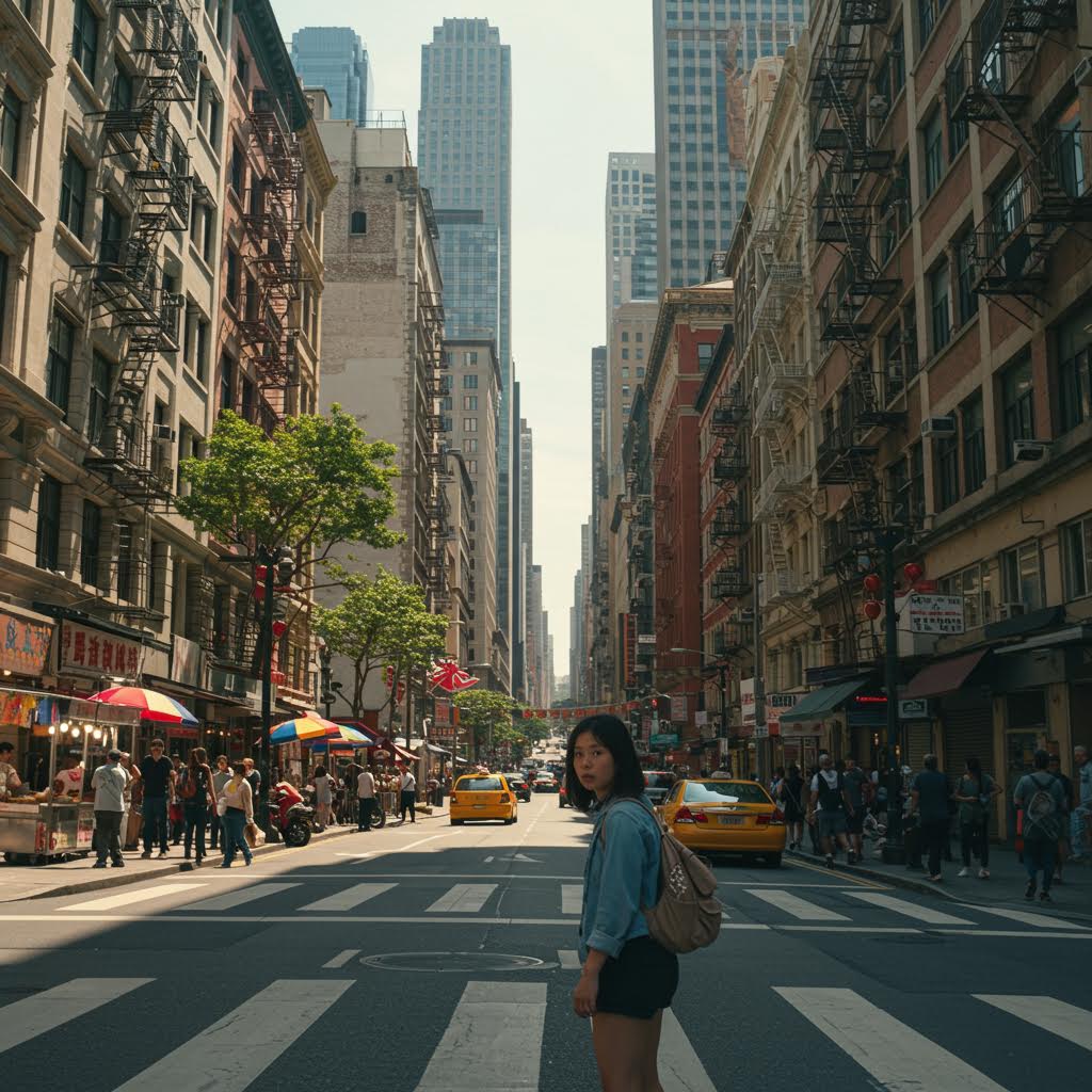 도심의 빌딩 숲 사이로 햇살이 스며드는 거리에서 여행자가 잠시 멈춰 선 장면