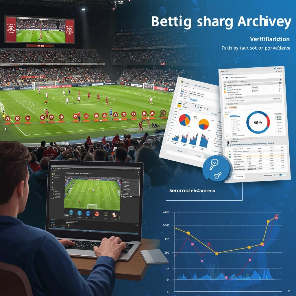 Bettig sharg Archivey - 스포츠 분석 플랫폼: 실제 축구 경기장 사진과 디지털 분석 오버레이 결합. 선수 위치 마커가 표시된 경기장, 노트북에서 축구 시뮬레이션 게임을 보는 관람객, 검증 보고서(Verificaricticon, 90% 정확도 표시), 꺾은선 그래프와 막대 차트가 있는 Serorred einstanlece 통계 패널. 우측에 상승 추세를 보여주는 분석 차트