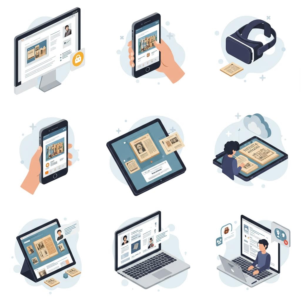 크로스 플랫폼 디지털 경험 아이콘 세트: 9개의 아이소메트릭 일러스트레이션 - 데스크톱 모니터(보안 아이콘 포함), 손에 든 스마트폰, VR 헤드셋, 태블릿에서 콘텐츠 탐색, 아카이브 문서 관리, 비디오 회의가 표시된 노트북 및 태블릿. 흰색 배경에 파란색 강조 색상으로 다양한 디바이스에서의 디지털 상호작용 표현