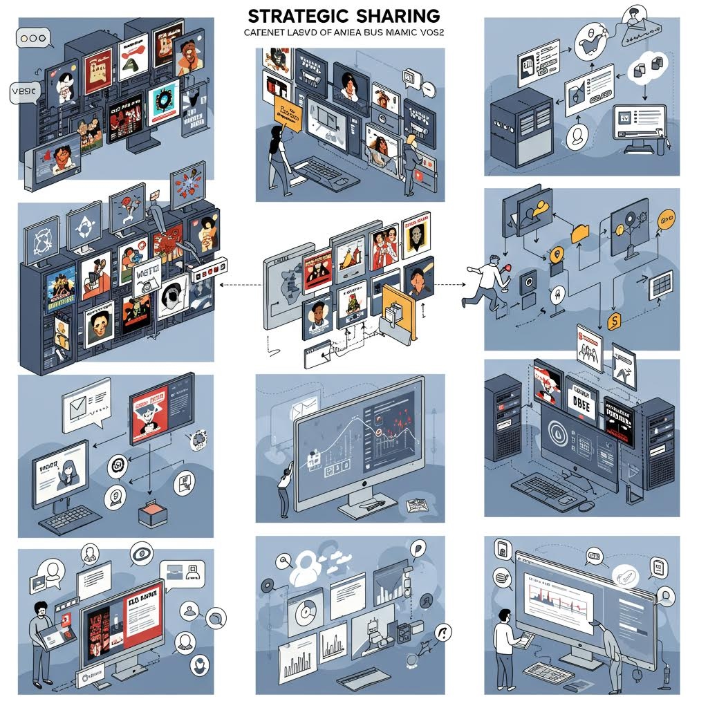 전략적 공유 인포그래픽 컬렉션: 콘텐츠 레벨 AMEA BUS NVMB-YOBE 라벨이 있는 12개의 아이소메트릭 일러스트레이션으로 구성된 그리드. 비디오 월, 콘텐츠 큐레이션, 분석 대시보드, 데이터 시각화, 협업 워크플로우를 보여주는 청회색 톤의 장면들. 각 패널은 디지털 미디어 관리 및 배포의 다양한 측면을 묘사