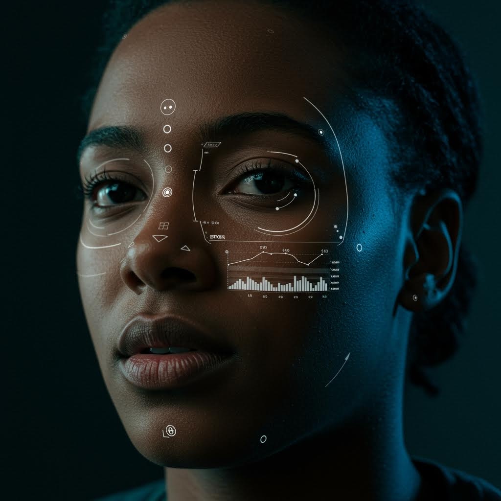 안면 인식 스캔, 생체 인식 데이터 및 분석 그래프를 표시하는 미래형 홀로그래픽 인터페이스 오버레이가 있는 여성의 얼굴 클로즈업
