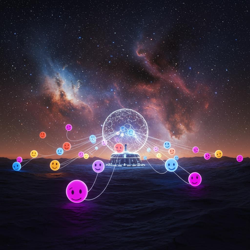 다채로운 이모티콘 네트워크가 중앙의 빛나는 두뇌 구조에 연결된 극적인 우주 하늘 아래의 초현실적인 풍경