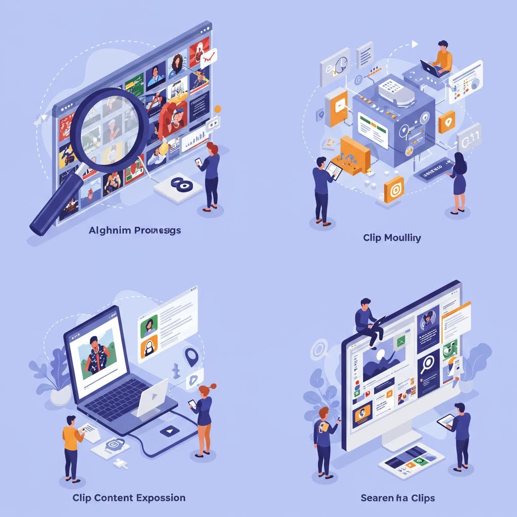아이소메트릭 콘텐츠 관리 일러스트레이션: 4가지 섹션으로 구성 - Alghnim Prousgs(돋보기로 비디오 그리드 검색), Clip Mouilluy(3D 비디오 플레이어 인터페이스), Clip Content Exposition(노트북으로 미디어 관리), Searen fra Clips(대형 모니터에서 콘텐츠 탐색). 보라색 배경에 비즈니스 사람들이 다양한 디지털 콘텐츠 작업을 수행하는 모습