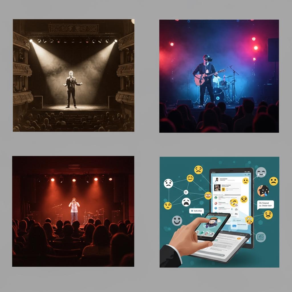 극적인 무대 조명 아래 세 가지 라이브 공연 장면과 이모티콘 및 메시지가 있는 소셜 미디어 상호 작용을 보여주는 4부분 그리드