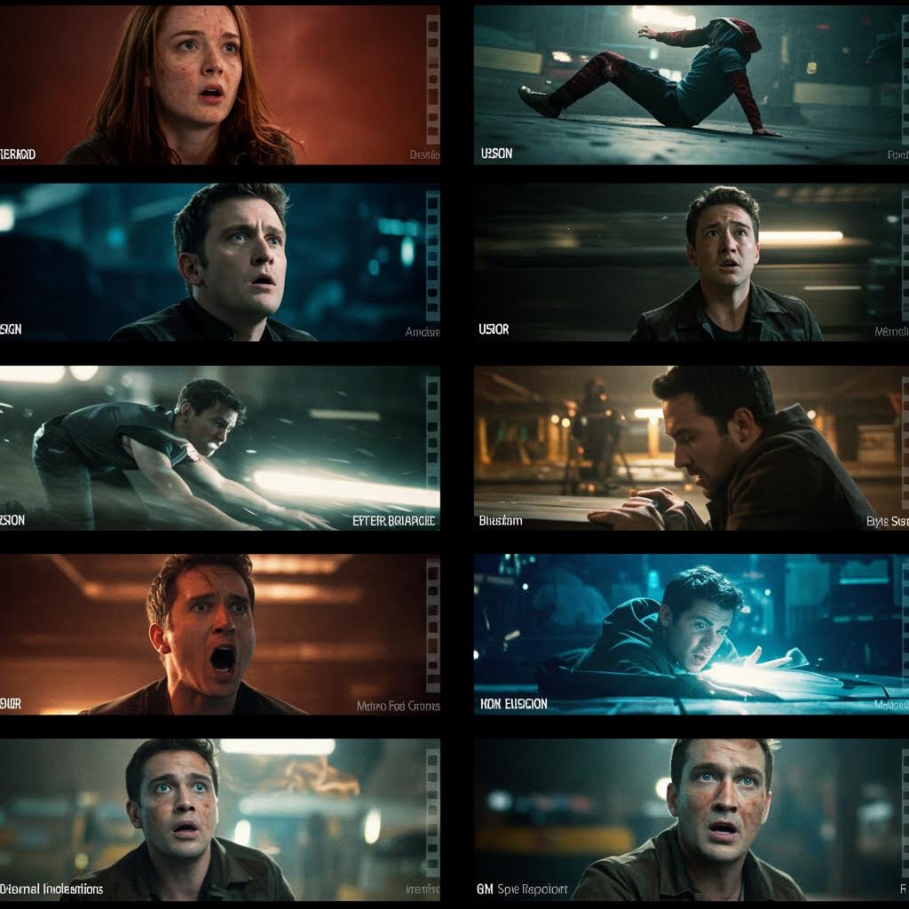 영화 장면 스토리보드 그리드: 10개의 시네마틱 스틸 프레임으로 구성된 2열 레이아웃. 긴장감 있는 드라마 장면들 - 여성 클로즈업(UEBOAD), 수중 액션 장면(UISON), 남성 배우의 감정적인 표정들(NSON, USOR), 액션 시퀀스(EFTER BRADKEDE), 실내 장면(Bueztam, Bilyli Sto), 강렬한 감정 순간(DNNB, Milano Fiel Groms), 극적인 조명의 클로즈업(NDM EUOGCON, Otlannai Indefunlines, GM Spec Recipitant). 영화적 색감의 다크 톤 영상