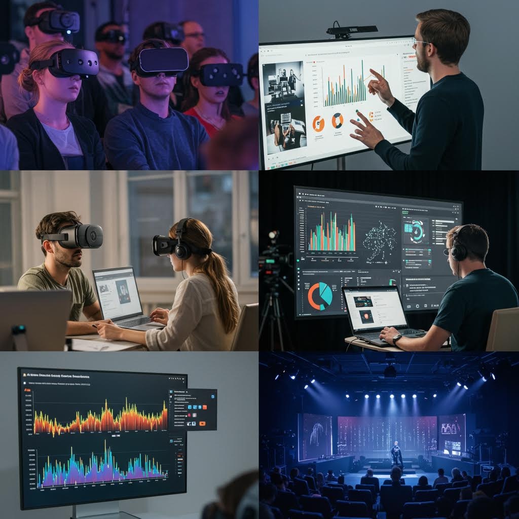 VR 경험, 프레젠테이션, 데이터 분석 작업 및 무대 공연을 포함한 다양한 기술 및 미디어 시나리오를 보여주는 6개의 이미지 그리드