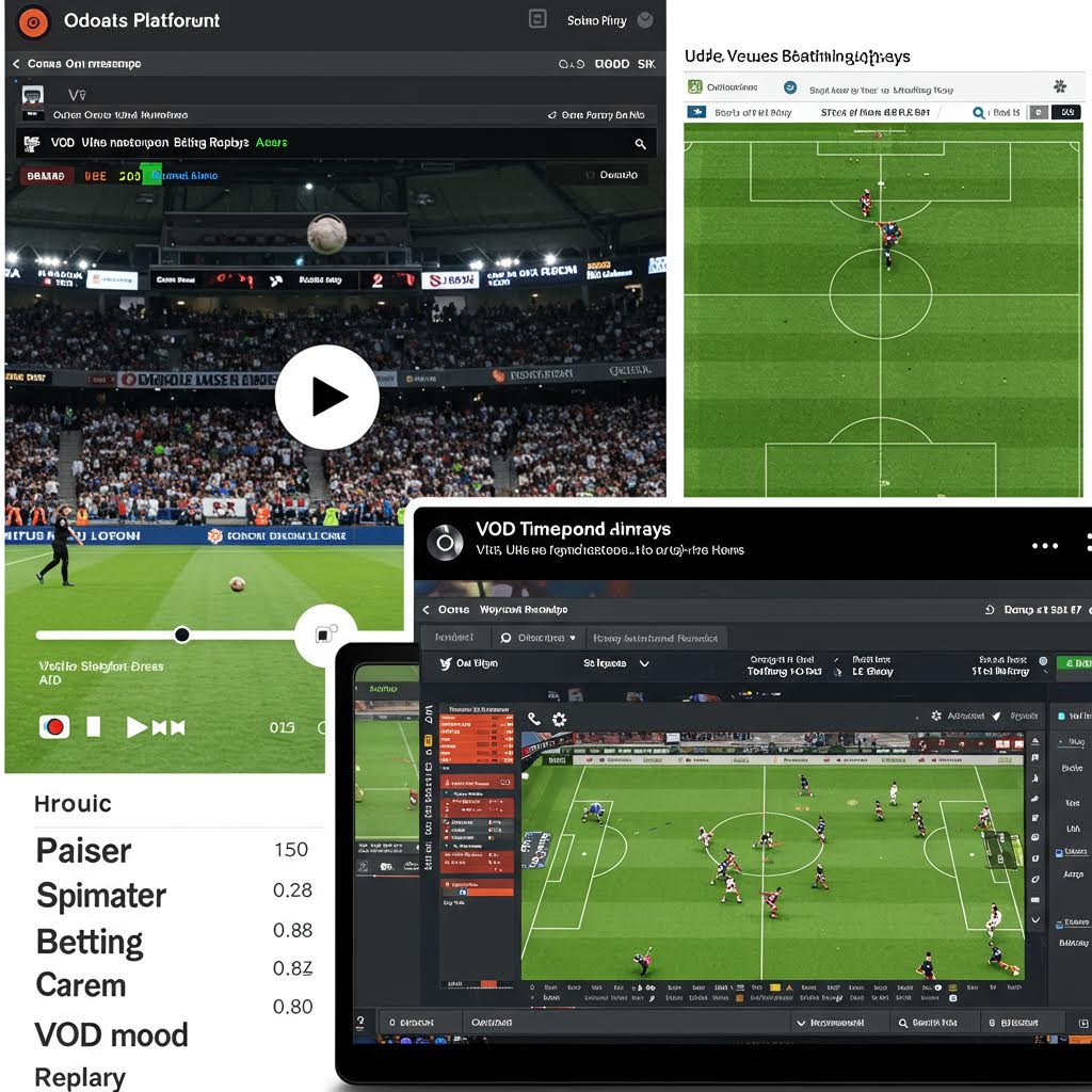 스포츠 VOD 플랫폼 인터페이스: Odools Platformunt 브랜딩이 있는 축구 스트리밍 대시보드 모음. 재생 오버레이가 있는 경기장 풀샷, 전술 라인업 다이어그램, VOD 타임라인 컨트롤(Demo 4 ESI 67), 상세 경기 분석 화면이 포함. 왼쪽 하단에 Hrouic 메뉴와 Paiser(150), Spimater(0.28), Betting(0.88), Carem(0.82), VOD mood(0.80), Replay 옵션이 표시