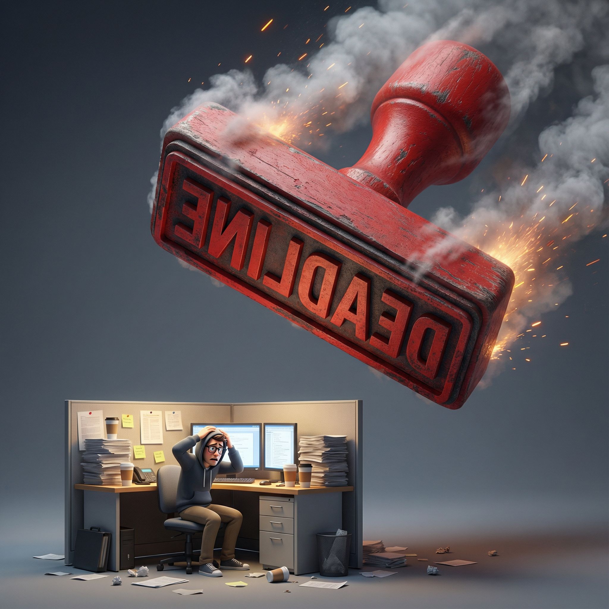 연기와 불꽃을 뿜는 거대한 붉은 도장이 사무공간 위로 떨어지며 압박을 형상화한 장면