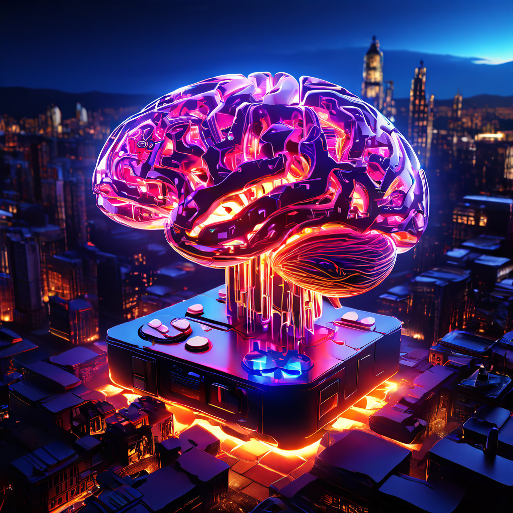 빛나는 퍼즐 조각으로 이루어진 게임 컨트롤러가 회색 도시에 색과 에너지를 뿜어내는 모습이다.