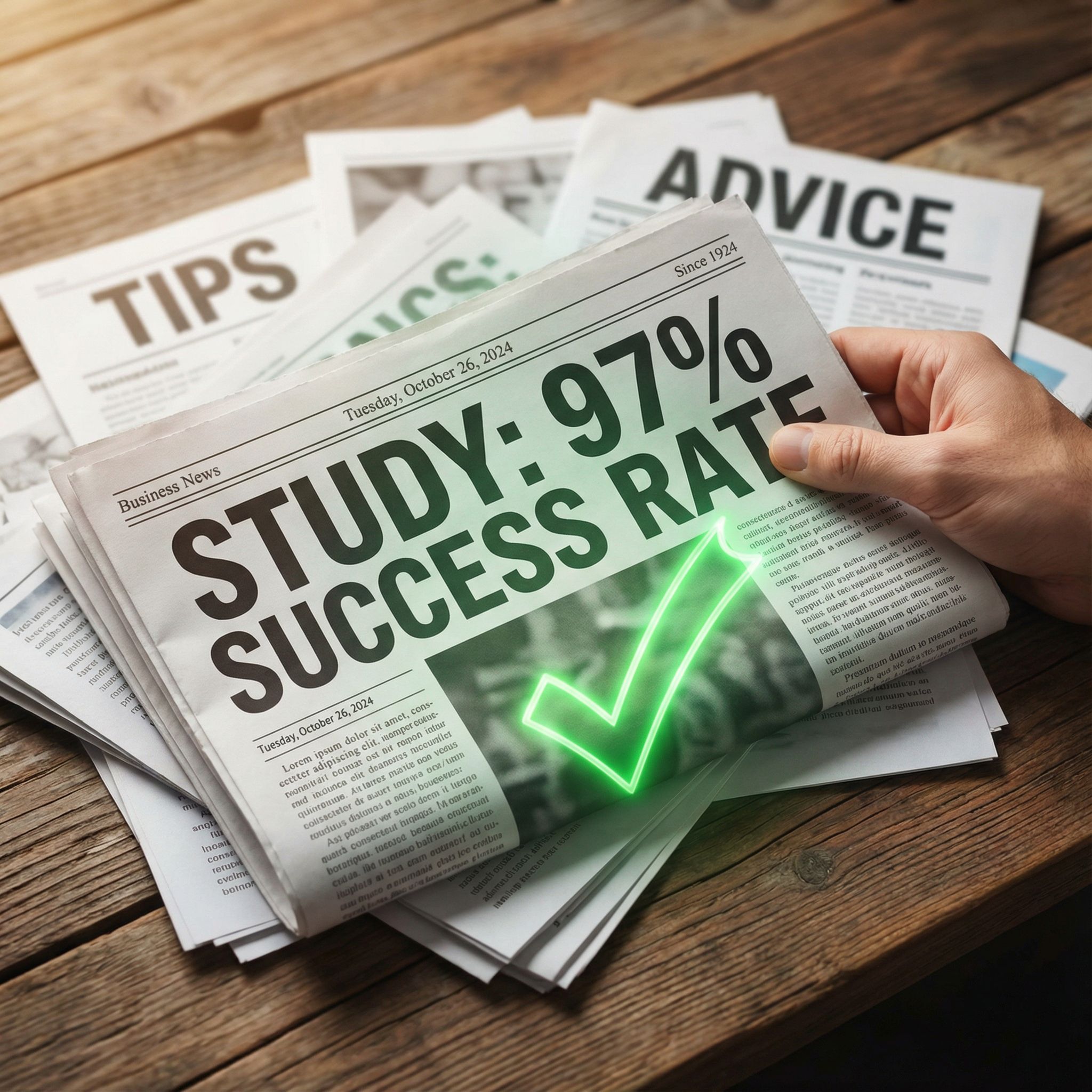 나무 테이블 위에 펼쳐진 신문 더미 가운데 성공률을 강조한 제목과 체크 표시가 시선을 끄는 장면