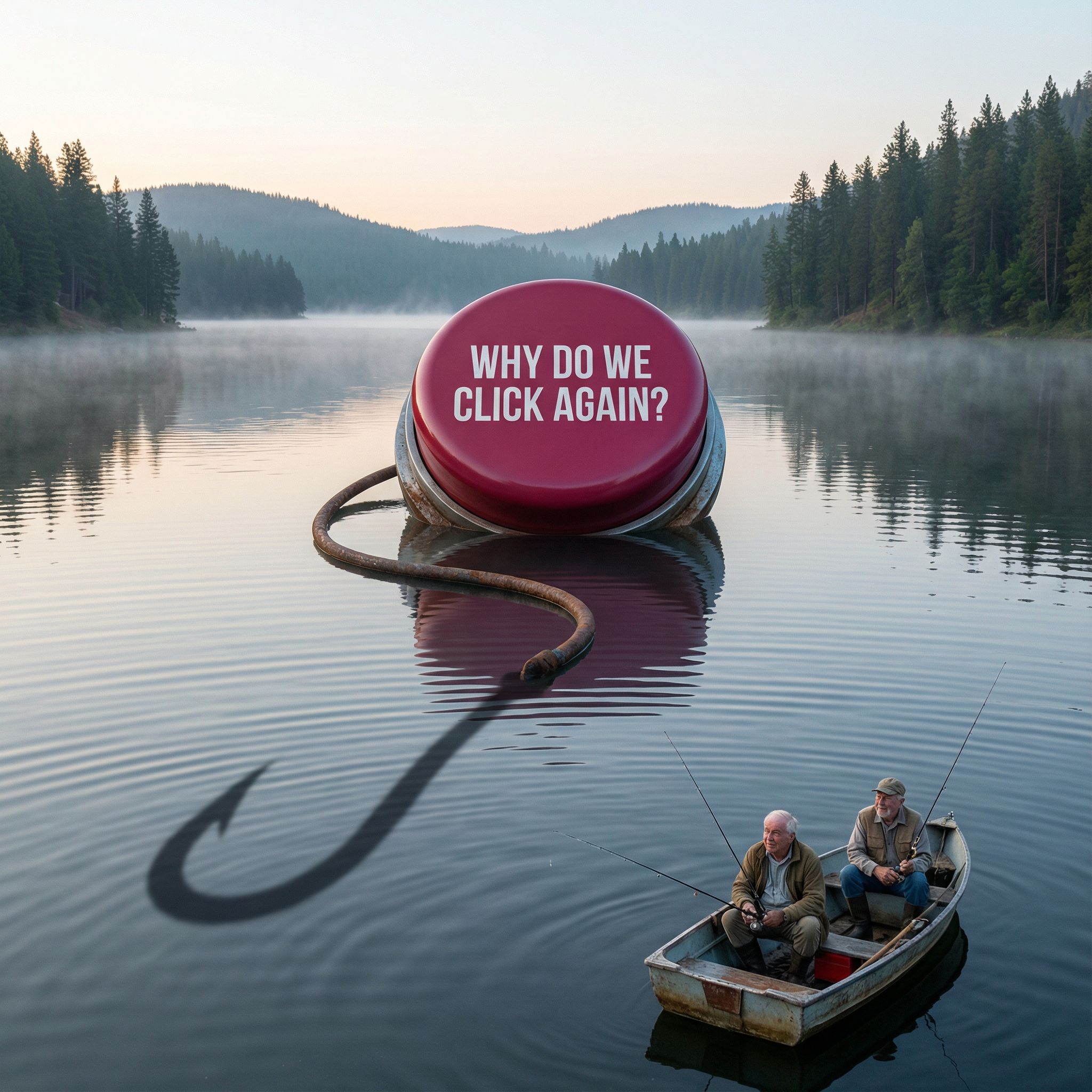 안개 낀 호수 한가운데 거대한 버튼이 물 위에 떠 있고 낚싯배의 시선이 그쪽으로 끌리는 상징적 장면
