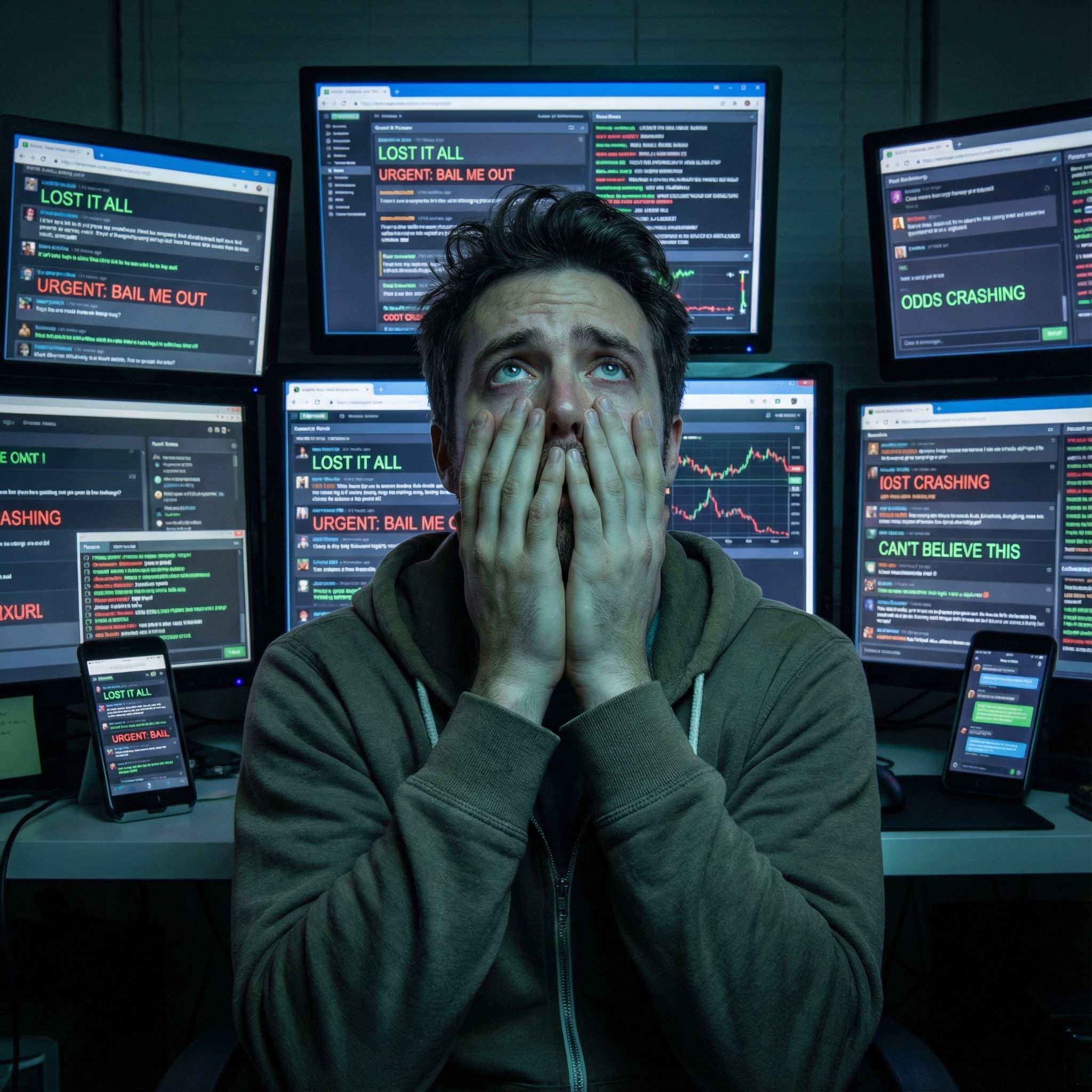 어두운 방 안에서 여러 화면의 경고 문구와 그래프에 둘러싸인 인물이 두 손으로 얼굴을 감싸는 압박의 장면