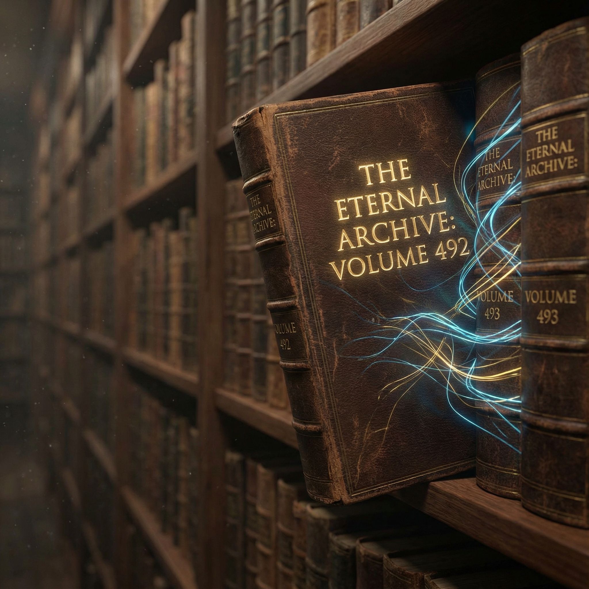 책장에 놓인 책의 등부분이 무한히 이어지며, 빛나는 이야기의 실타래가 다음 권으로 시선을 이끄는 표지