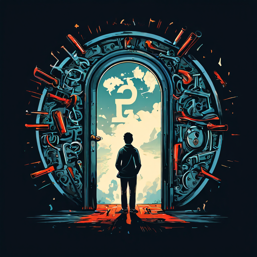 열쇠구멍으로만 YES 표지판을 바라보며, 문 전체를 덮은 수많은 NO 표지판은 무시하는 사람의 모습입니다.