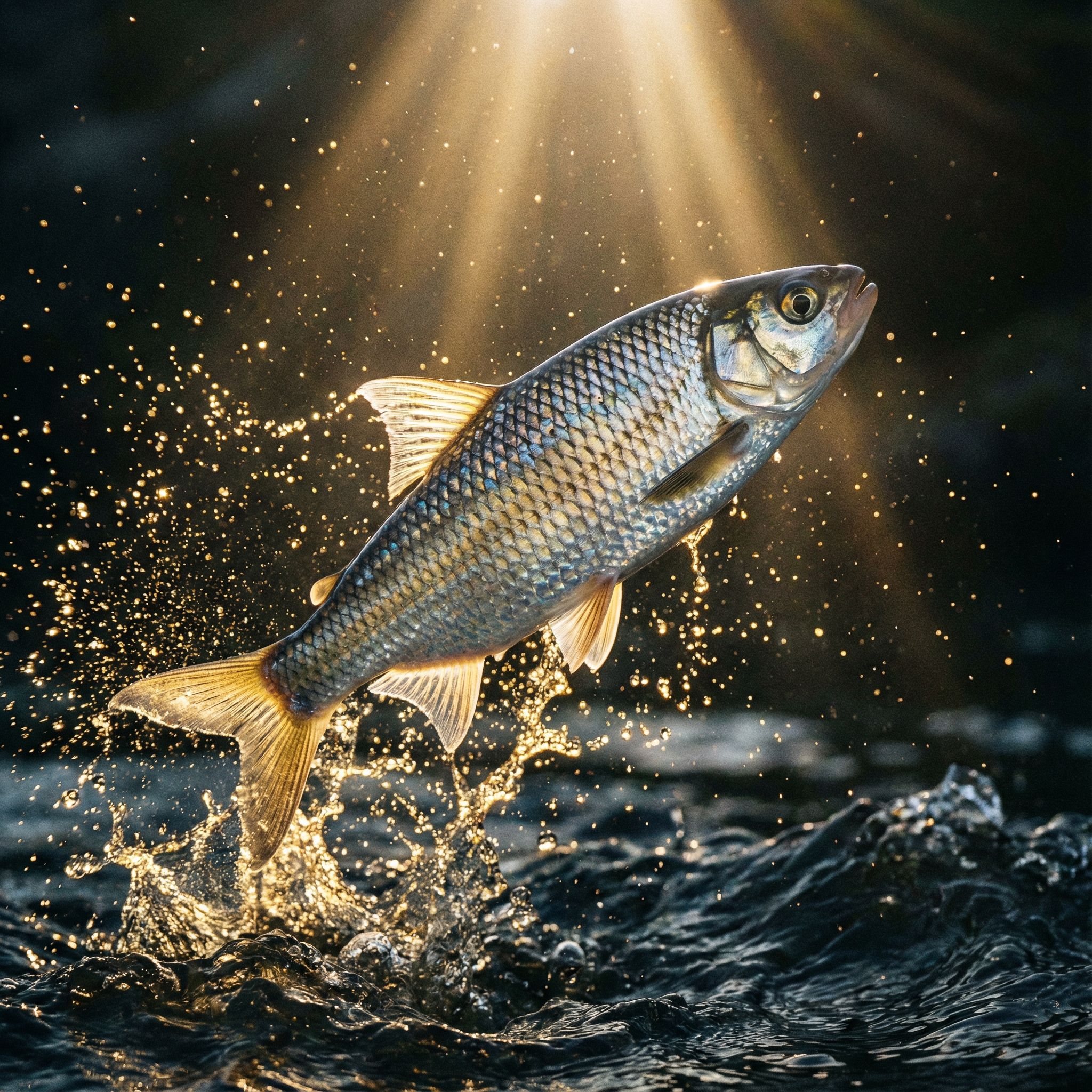 어두운 물속에서 햇살을 받아 반짝이는 은빛 비늘이 돋보이는 물고기가 물보라를 일으키며 튀어오르는 모습이다.