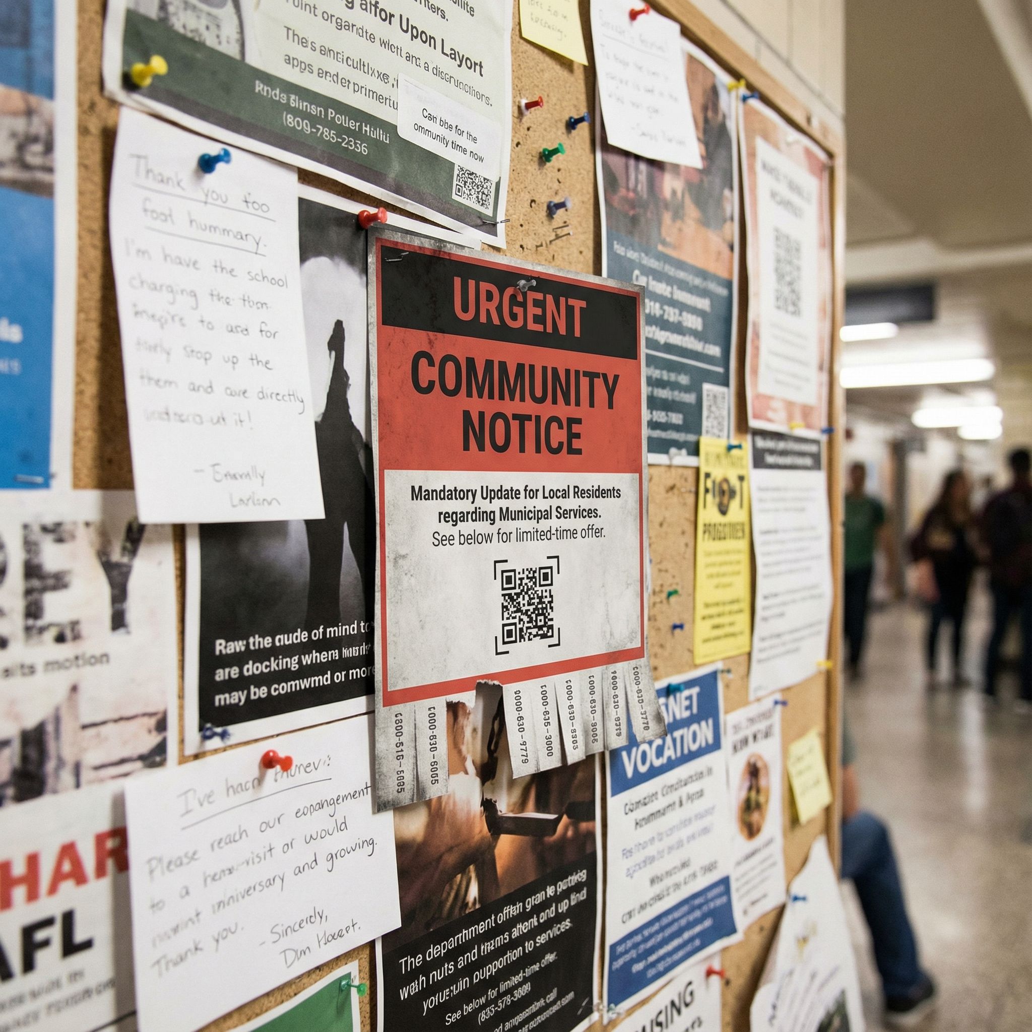 붐비는 게시판에 긴급 공지처럼 위장한 속임수 홍보 전단이 압박감 있게 붙어 있는 모습이다.