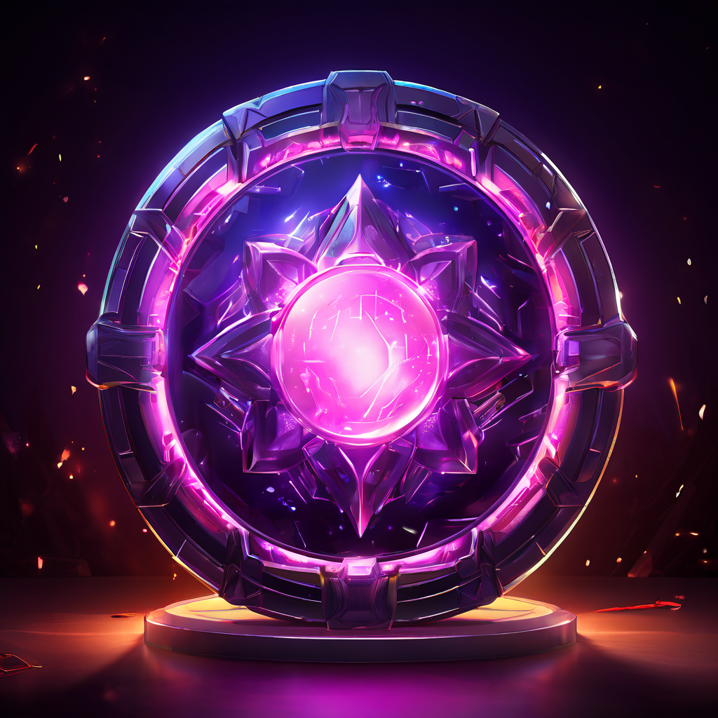 넓은 공간에 빛나는 디지털 배지가 전시되어 있으며, 이는 수집 욕구와 성취를 상징하는 모습이다.