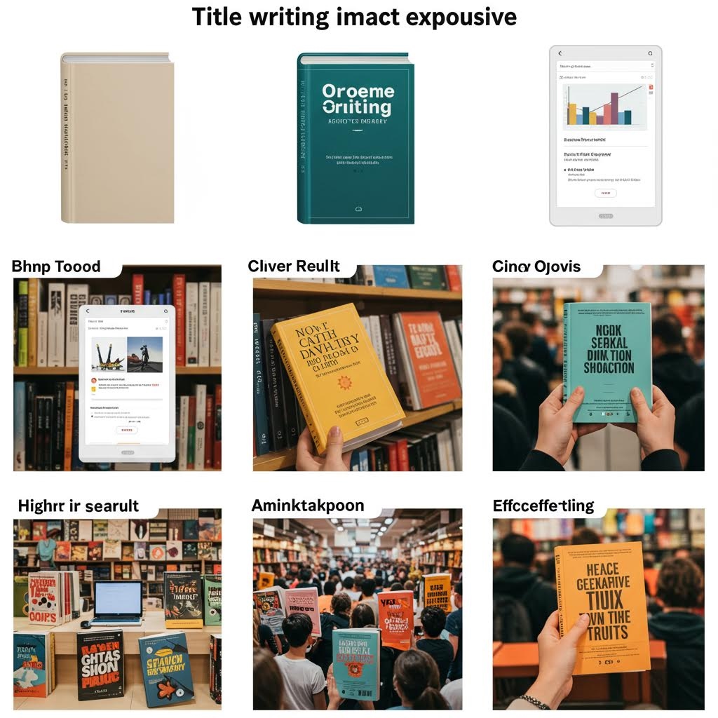 'Hiae Ivrizing Imiust exposuive' 제목의 전자책 및 출판 목업 그리드. 상단: 베이지 노트북, 청록색 'Oroeme Oniting' 전자책, 차트 태블릿; 중단: 'Bhnp Toood' 스마트폰 리더, 'Cliver Reulit' 노란 책, 'Cincy Ojovis' 청록 전자책; 하단: 'Highrr ir searul't' 서점 디스플레이, 'Aminktakpoon' 북 이벤트, 'Effcceffe-tling' 주황 책