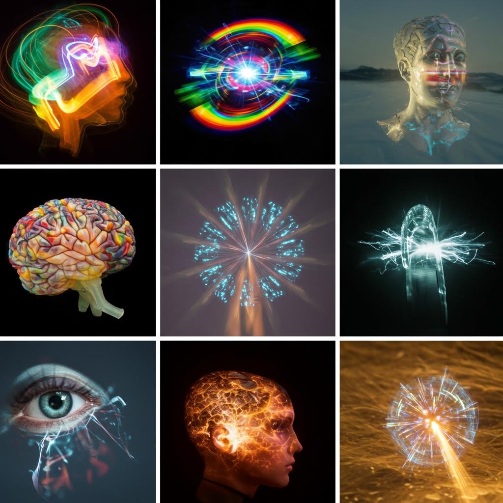 AI와 신경과학을 표현하는 9개의 개념 이미지 그리드. 상단 좌측부터: 네온 광선 두뇌 프로필, 무지개 원형 데이터 버스트, 이중 노출 얼굴과 바다; 중간: 다채로운 뇌 모델, 청록색 불꽃놀이 폭발, X-레이 인체 에너지 방출; 하단: 사이버네틱 눈 클로즈업, 불타는 신경망 두뇌, 황금 빛 폭발 구체