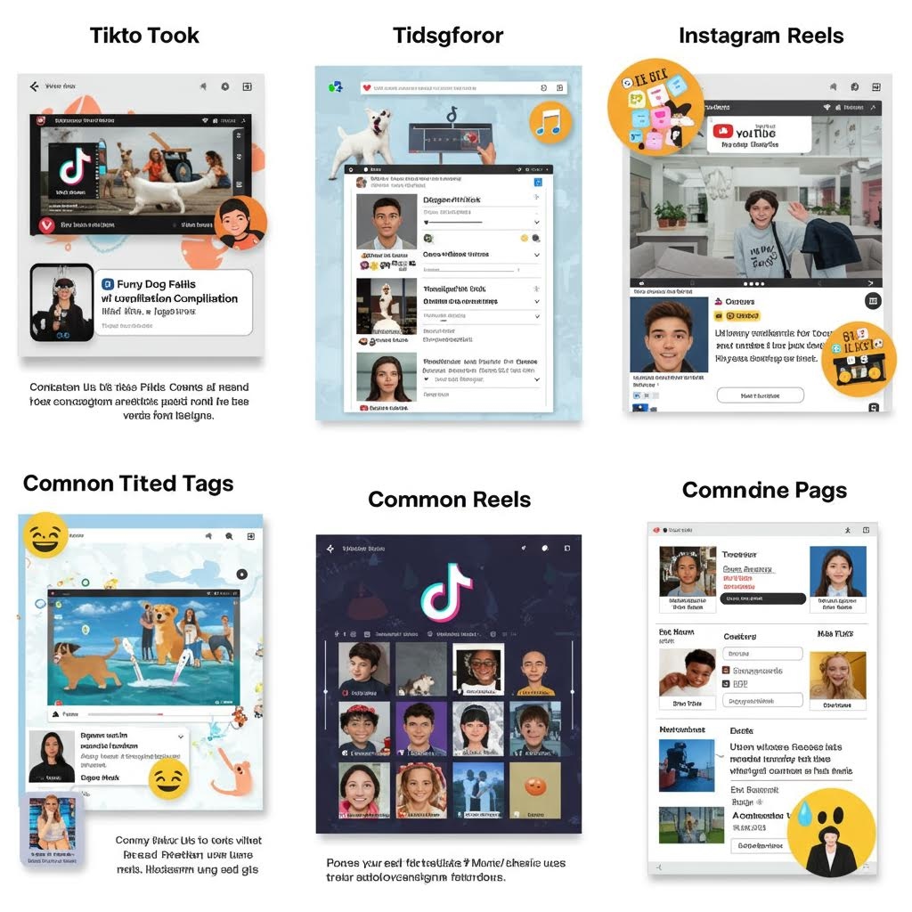 소셜 미디어 플랫폼 UI 목업 컬렉션. 상단: 'Tikto Took' TikTok 피드, 'Tidsgforor' 프로필 목록, 'Instagram Reels' 릴스 인터페이스; 하단: 'Common Tited Tags' 강아지 게시물과 이모지, 'Common Reels' TikTok 그리드 뷰, 'Comndne Pags' 프로필 갤러리. 각 목업에 아바타와 텍스트 설명 포함