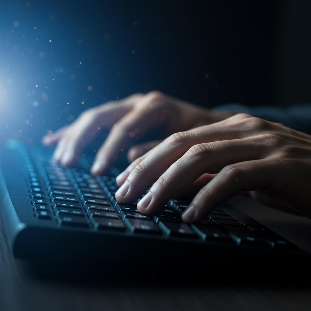 어두운 환경에서 키보드를 타이핑하는 손의 클로즈업. 파란 조명이 비추고, 배경에 빛나는 입자들이 떠다니며 디지털 작업 환경을 연출. 흐릿한 배경으로 손과 키보드에 집중